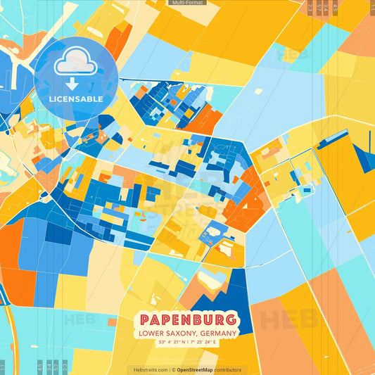 Papenburg, Lower Saxony, Germany blue and orange vector art map template