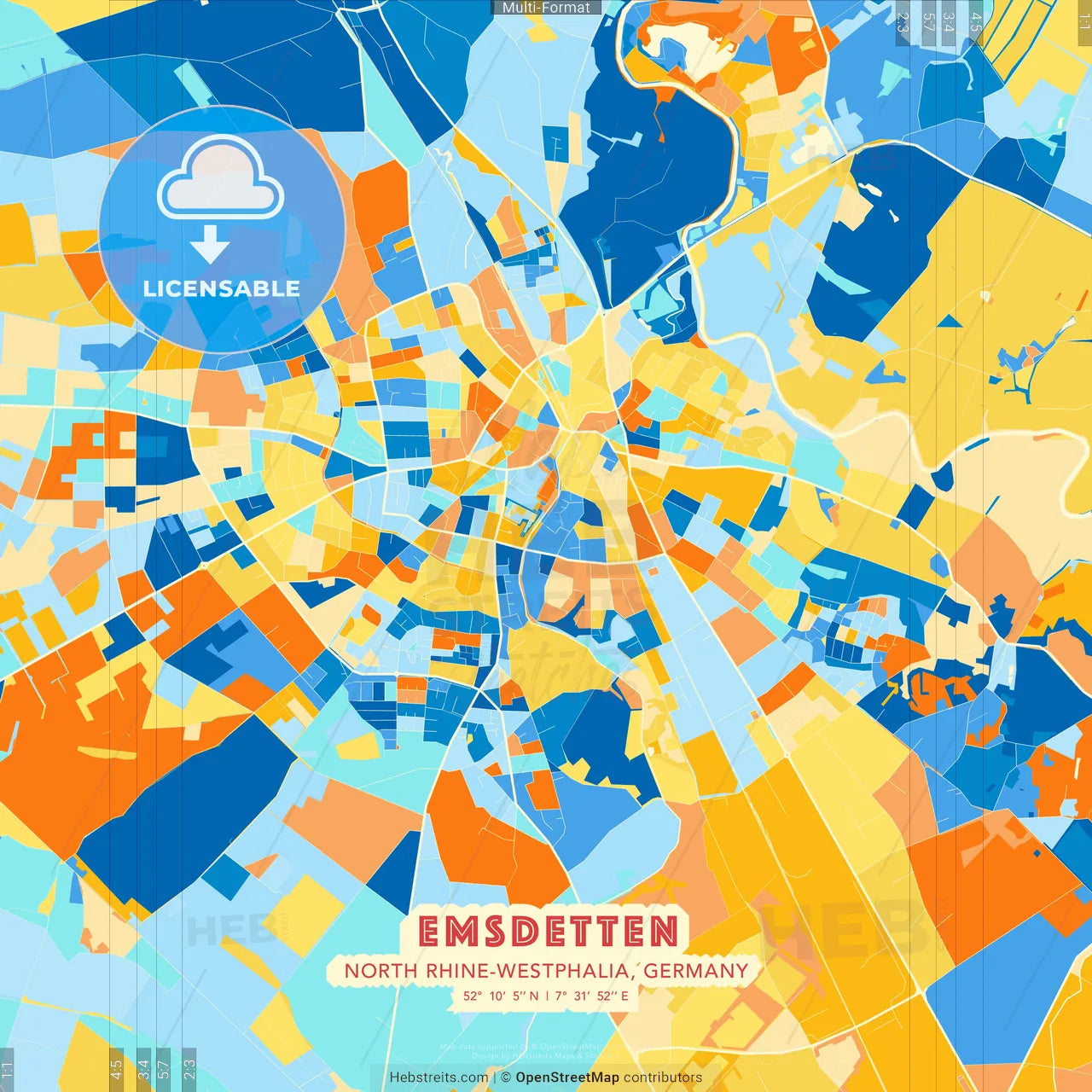 Emsdetten, North Rhine-Westphalia, Germany blue and orange vector art map template