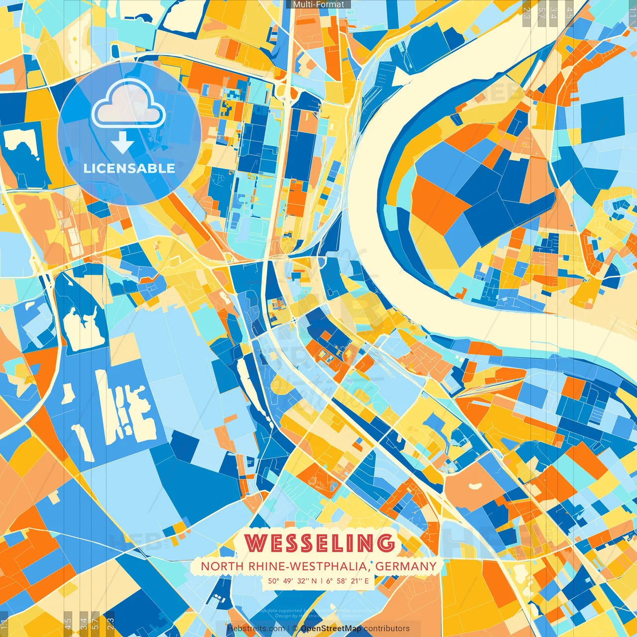 Wesseling, North Rhine-Westphalia, Germany blue and orange vector art map template