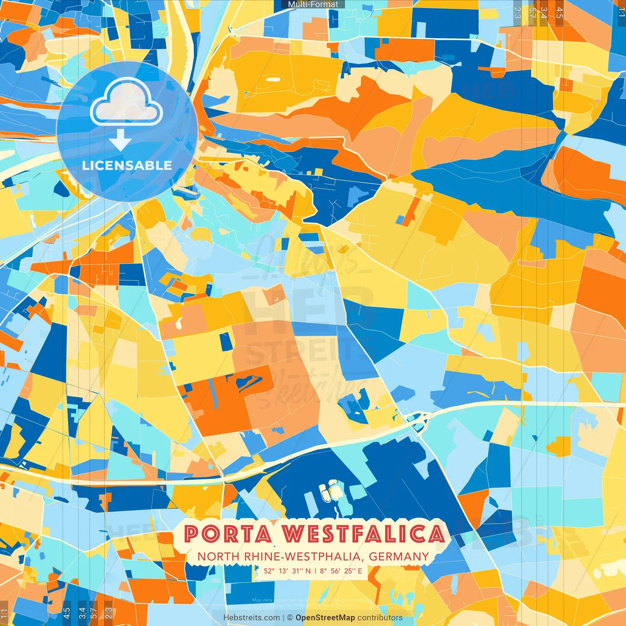 Porta Westfalica, North Rhine-Westphalia, Germany blue and orange vector art map template