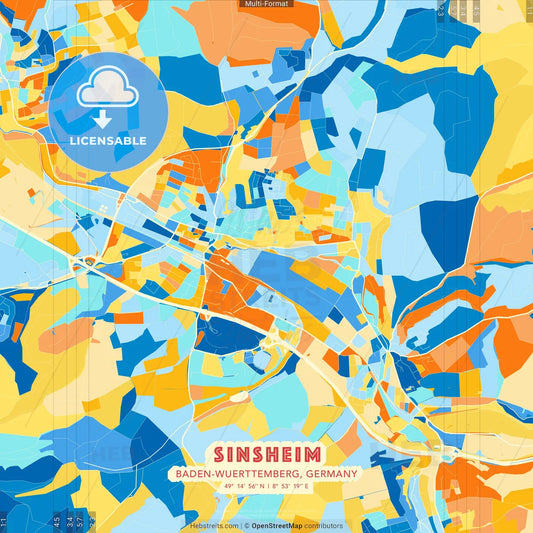 Sinsheim, Baden-Wuerttemberg, Germany blue and orange vector art map template