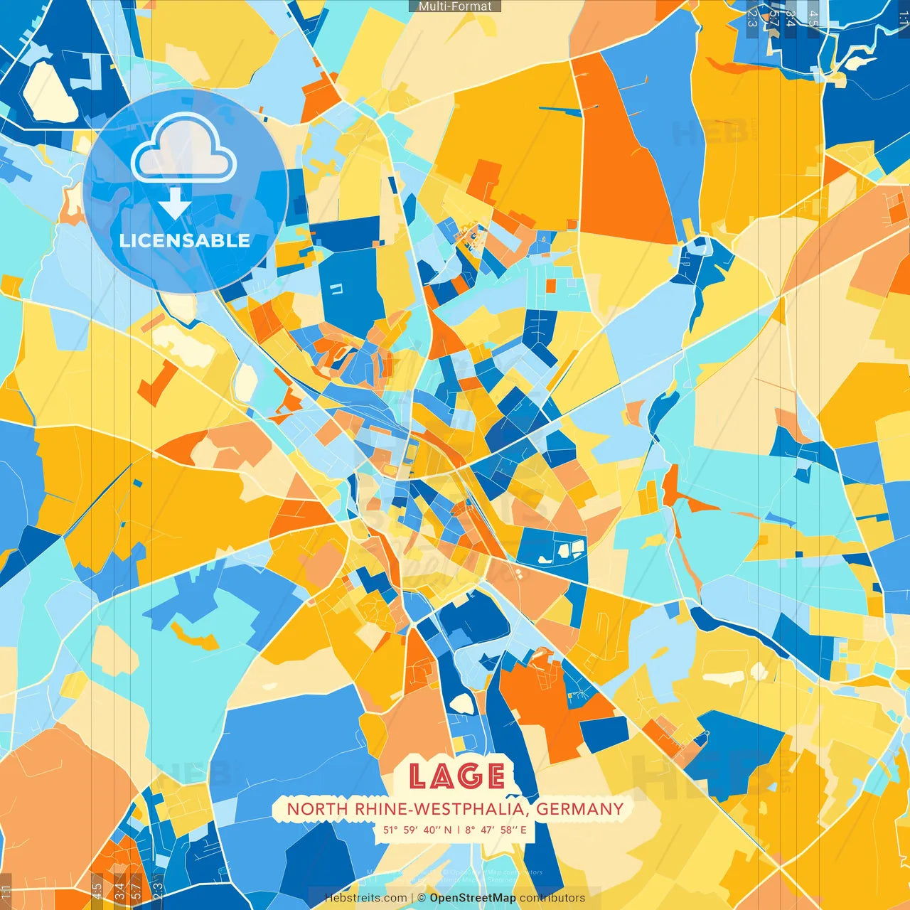 Lage, North Rhine-Westphalia, Germany blue and orange vector art map template