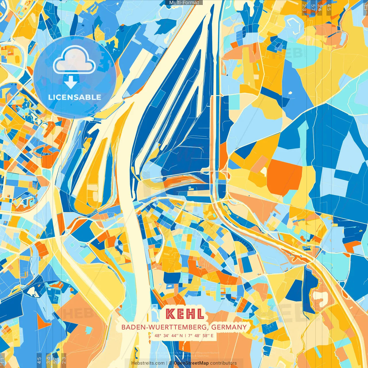 Kehl, Baden-Wuerttemberg, Germany blue and orange vector art map template