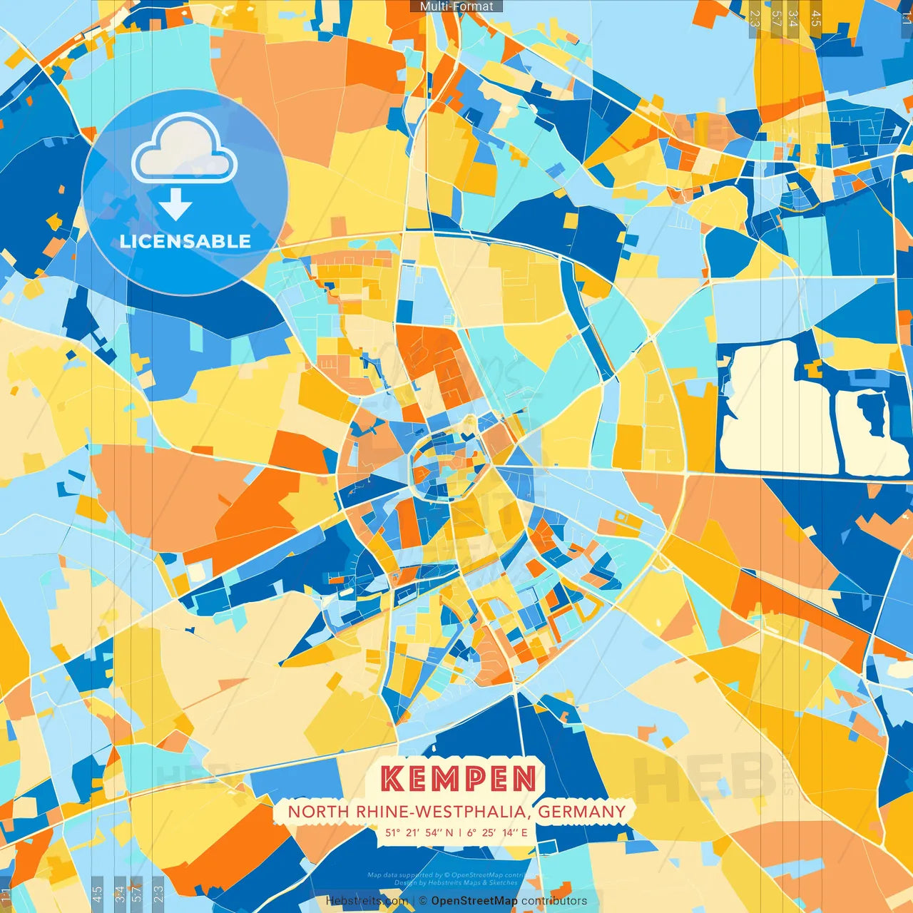 Kempen, North Rhine-Westphalia, Germany blue and orange vector art map template
