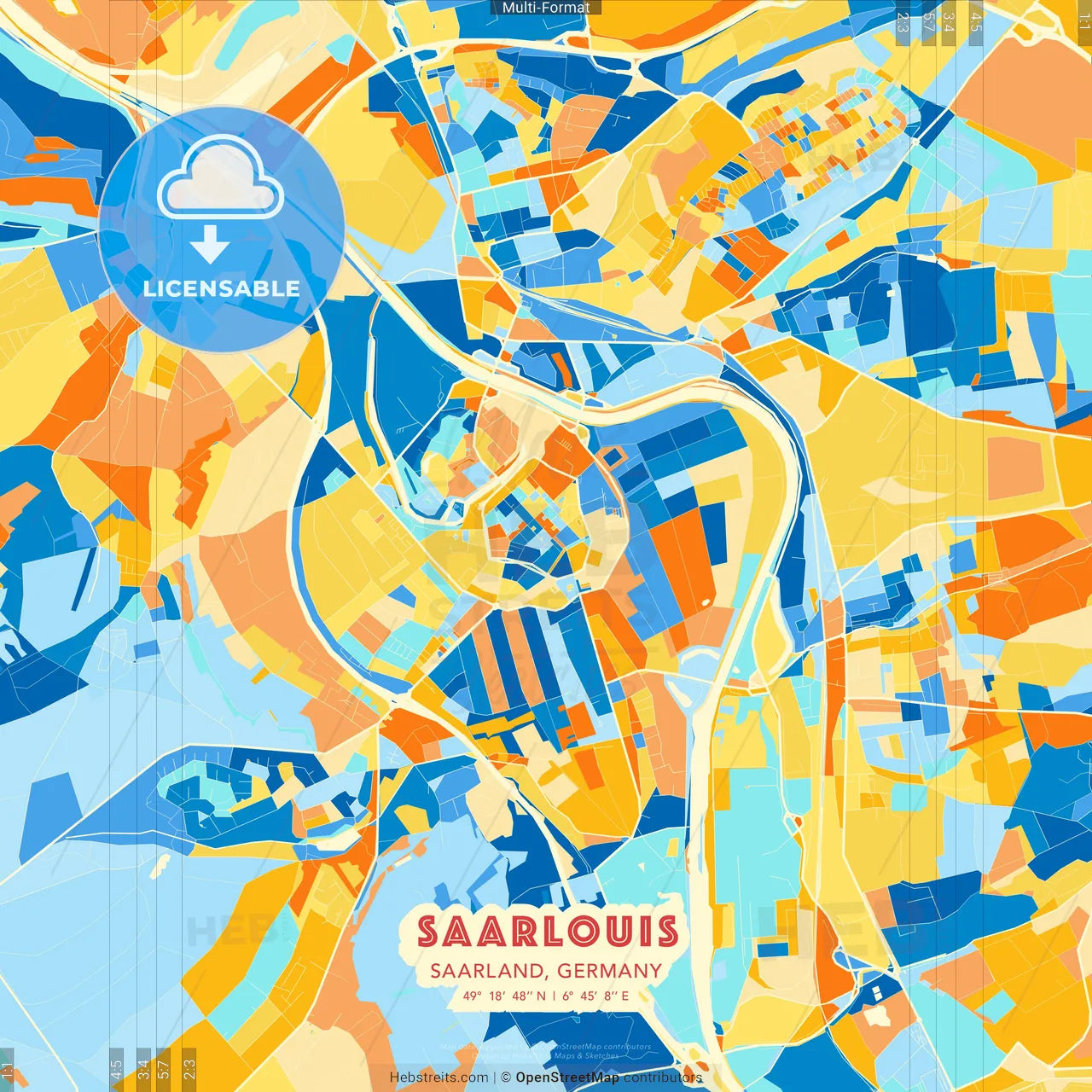 Saarlouis, Saarland, Germany blue and orange vector art map template