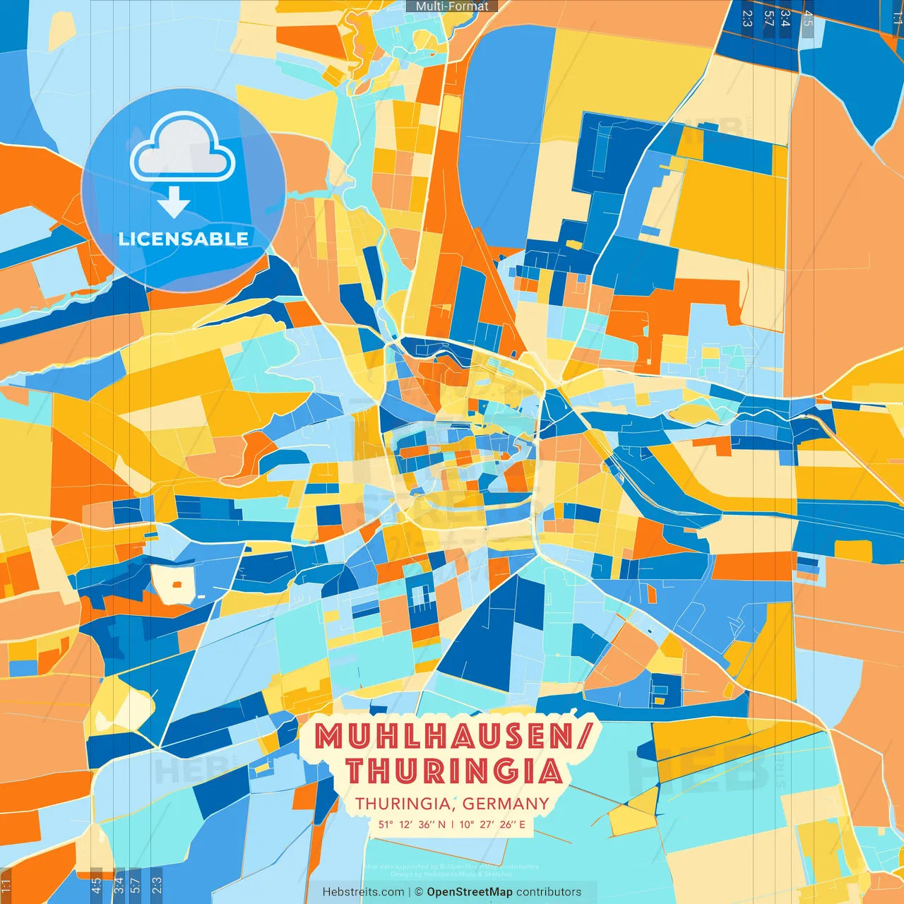 Muhlhausen/Thuringia, Thuringia, Germany blue and orange vector art map template