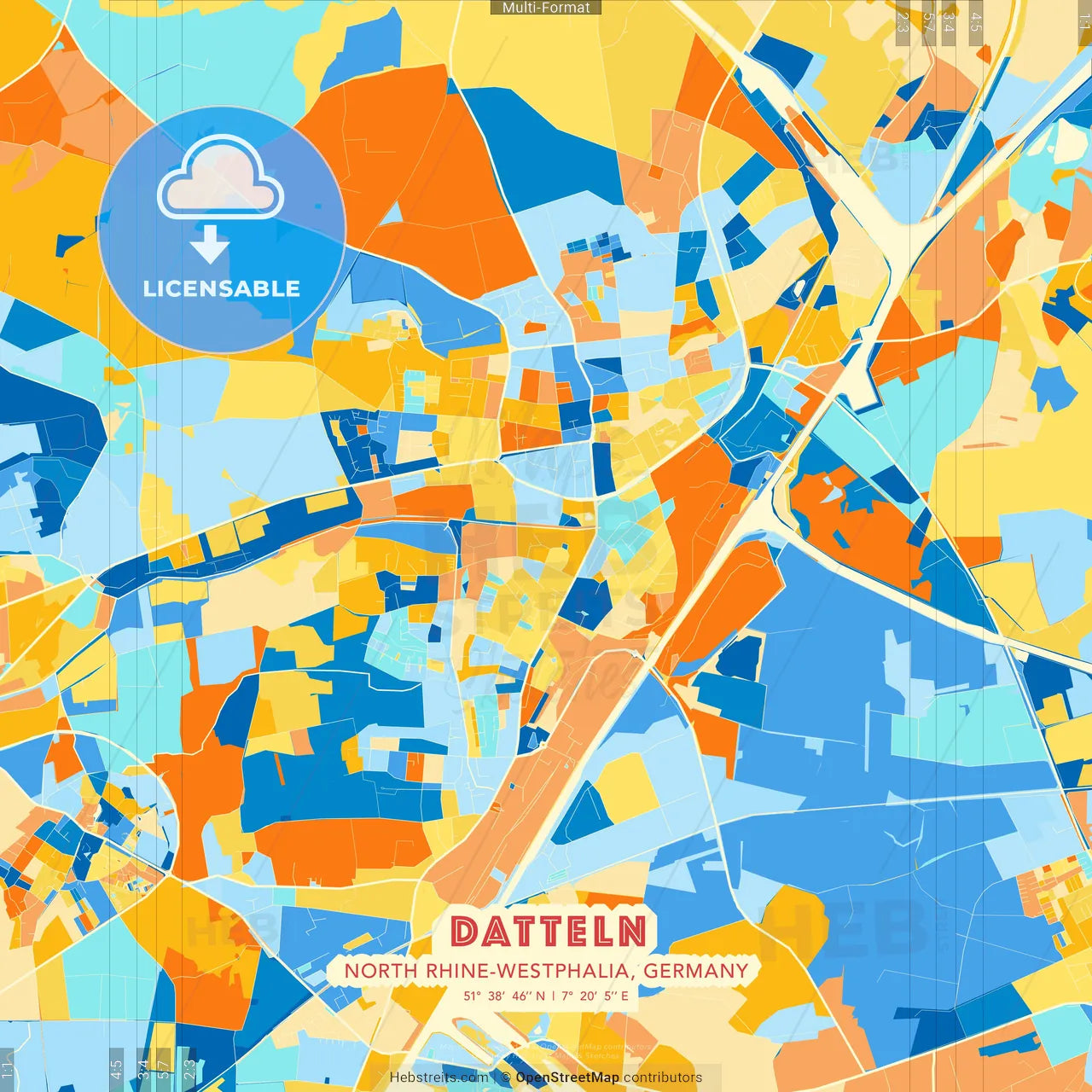 Datteln, North Rhine-Westphalia, Germany blue and orange vector art map template