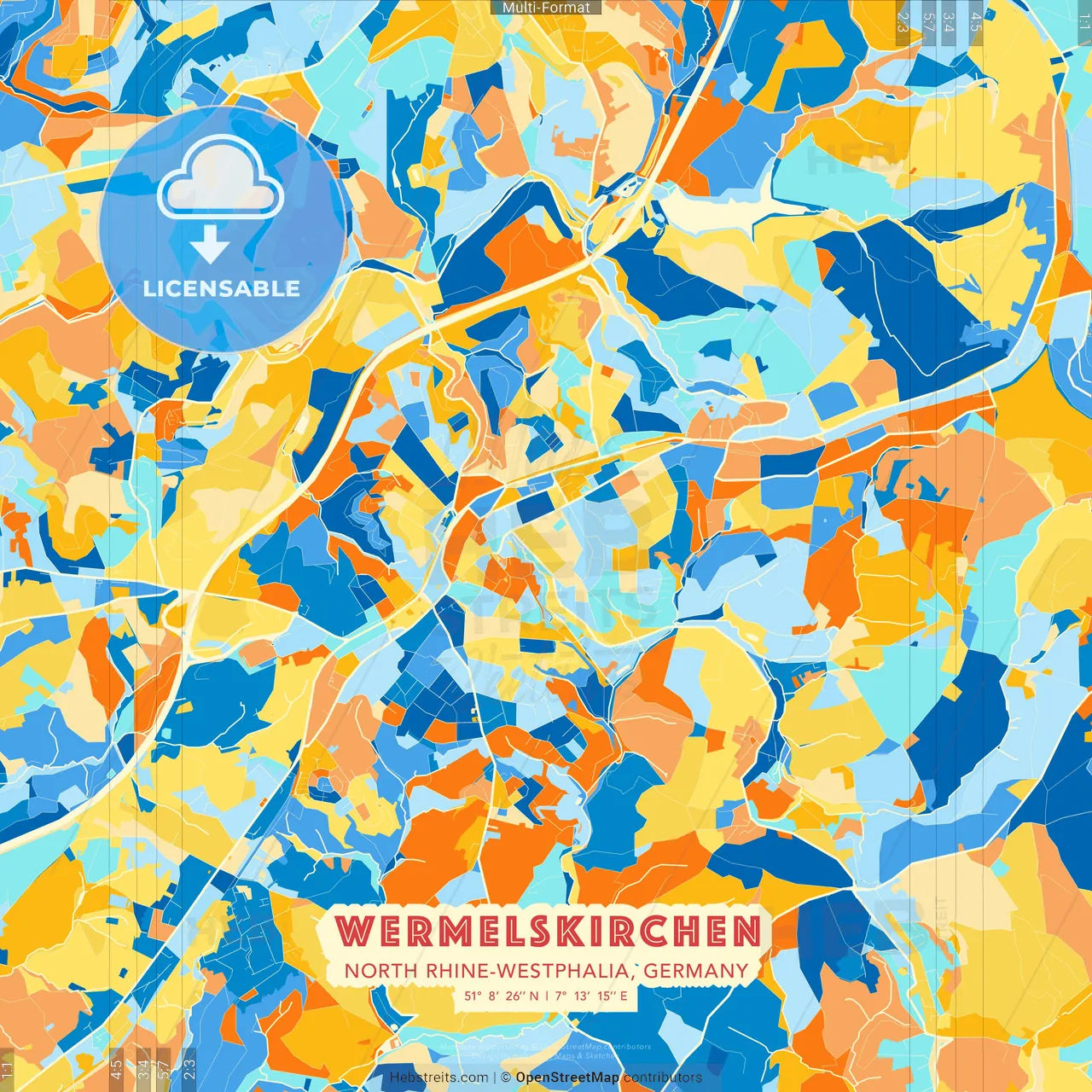 Wermelskirchen, North Rhine-Westphalia, Germany blue and orange vector art map template