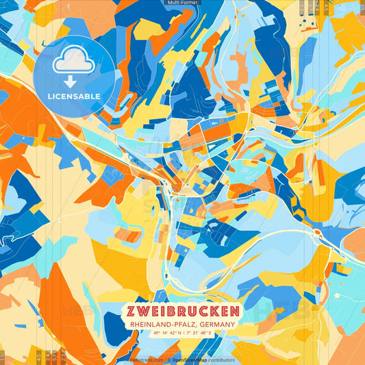 Zweibrucken, Rheinland-Pfalz, Germany blue and orange vector art map template