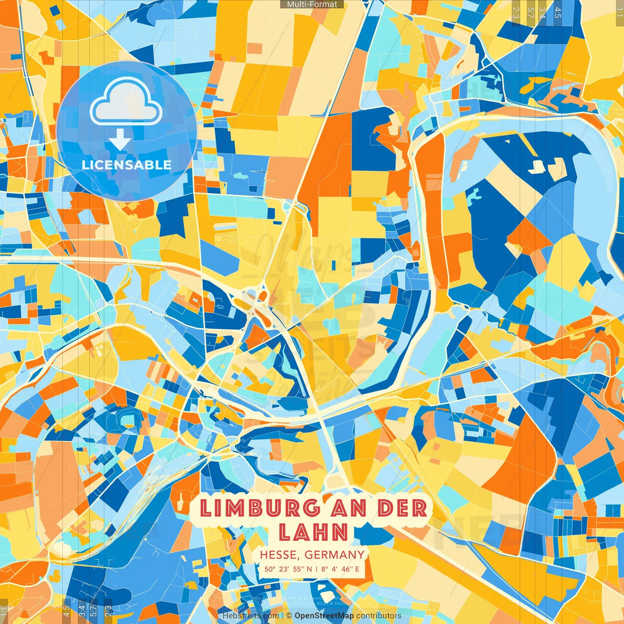 Limburg an der Lahn, Hesse, Germany blue and orange vector art map template