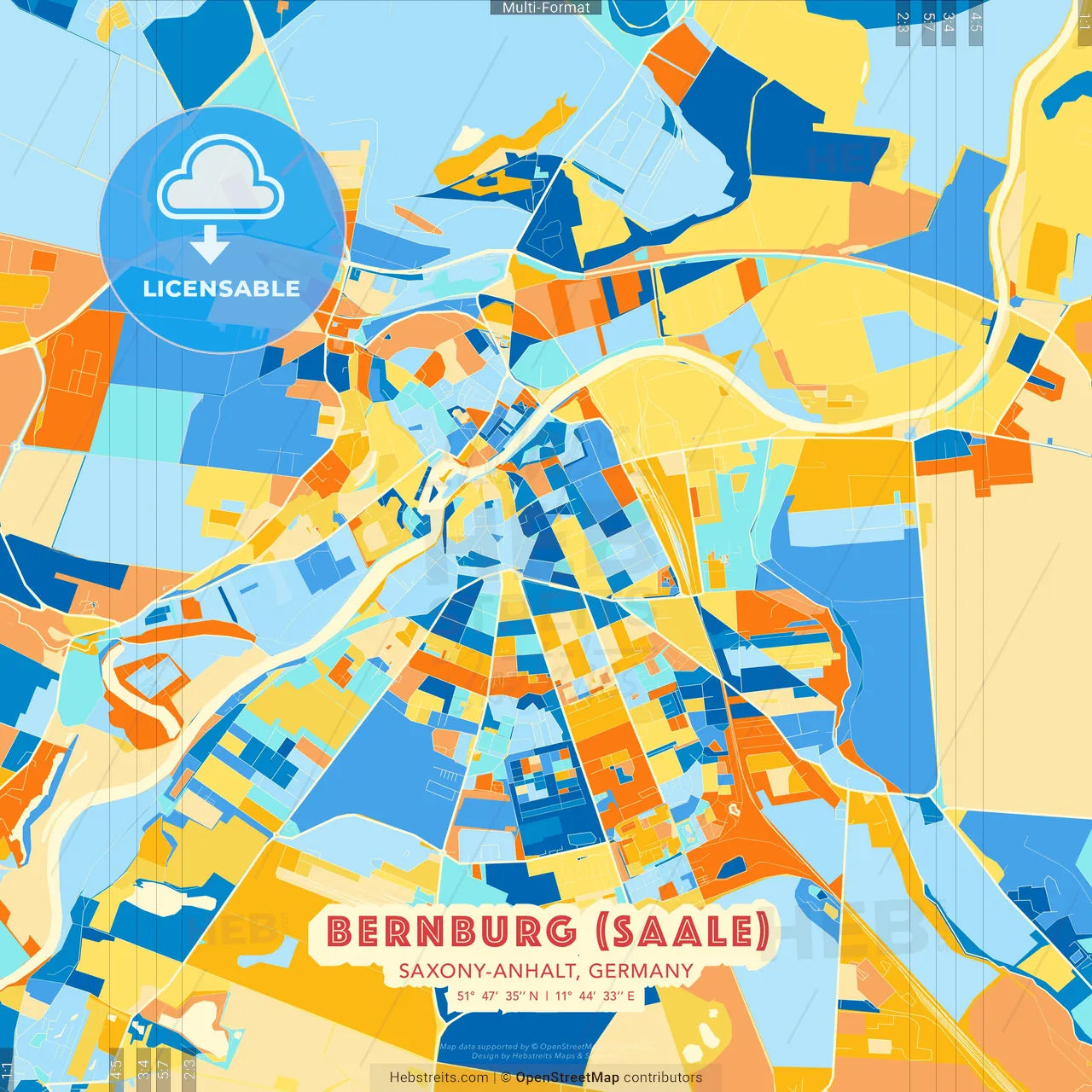 Bernburg (Saale), Saxony-Anhalt, Germany blue and orange vector art map template