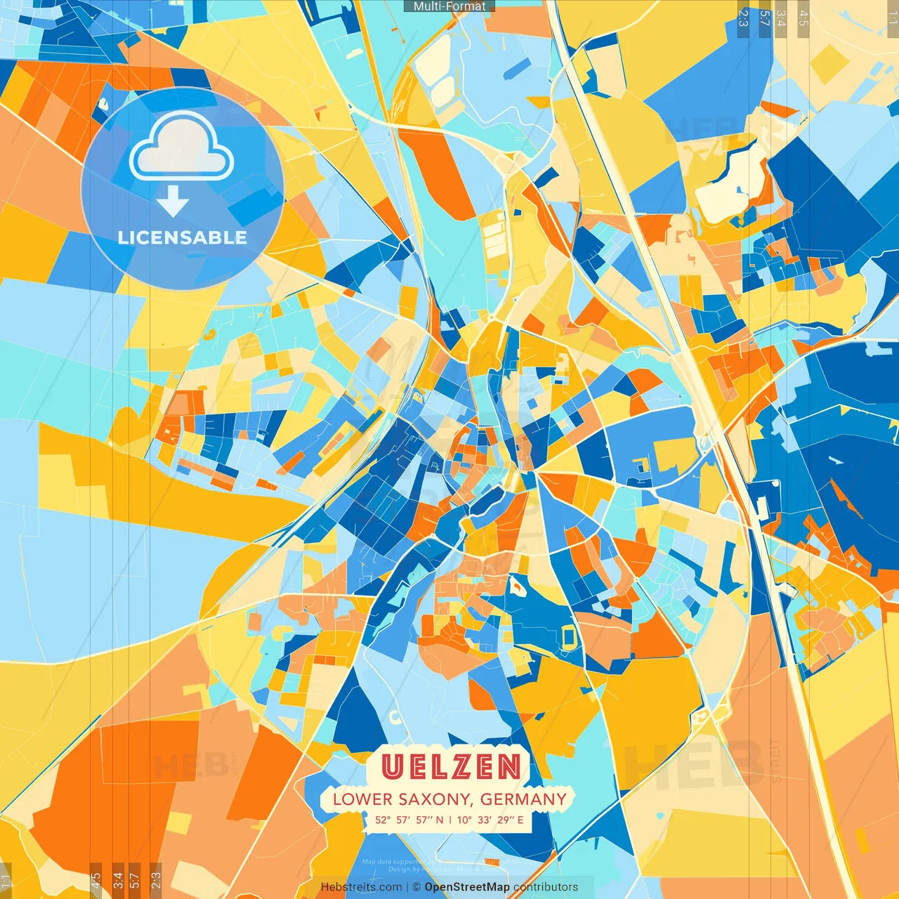 Uelzen, Lower Saxony, Germany blue and orange vector art map template