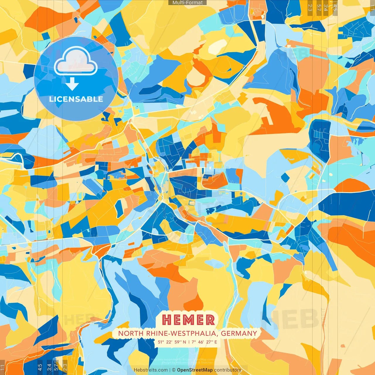 Hemer, North Rhine-Westphalia, Germany blue and orange vector art map template