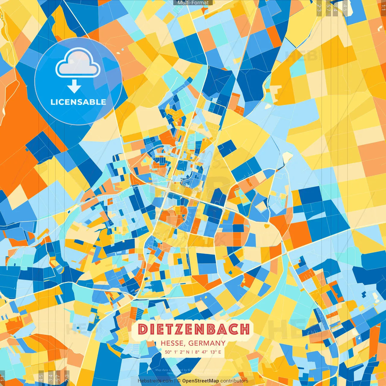 Dietzenbach, Hesse, Germany blue and orange vector art map template