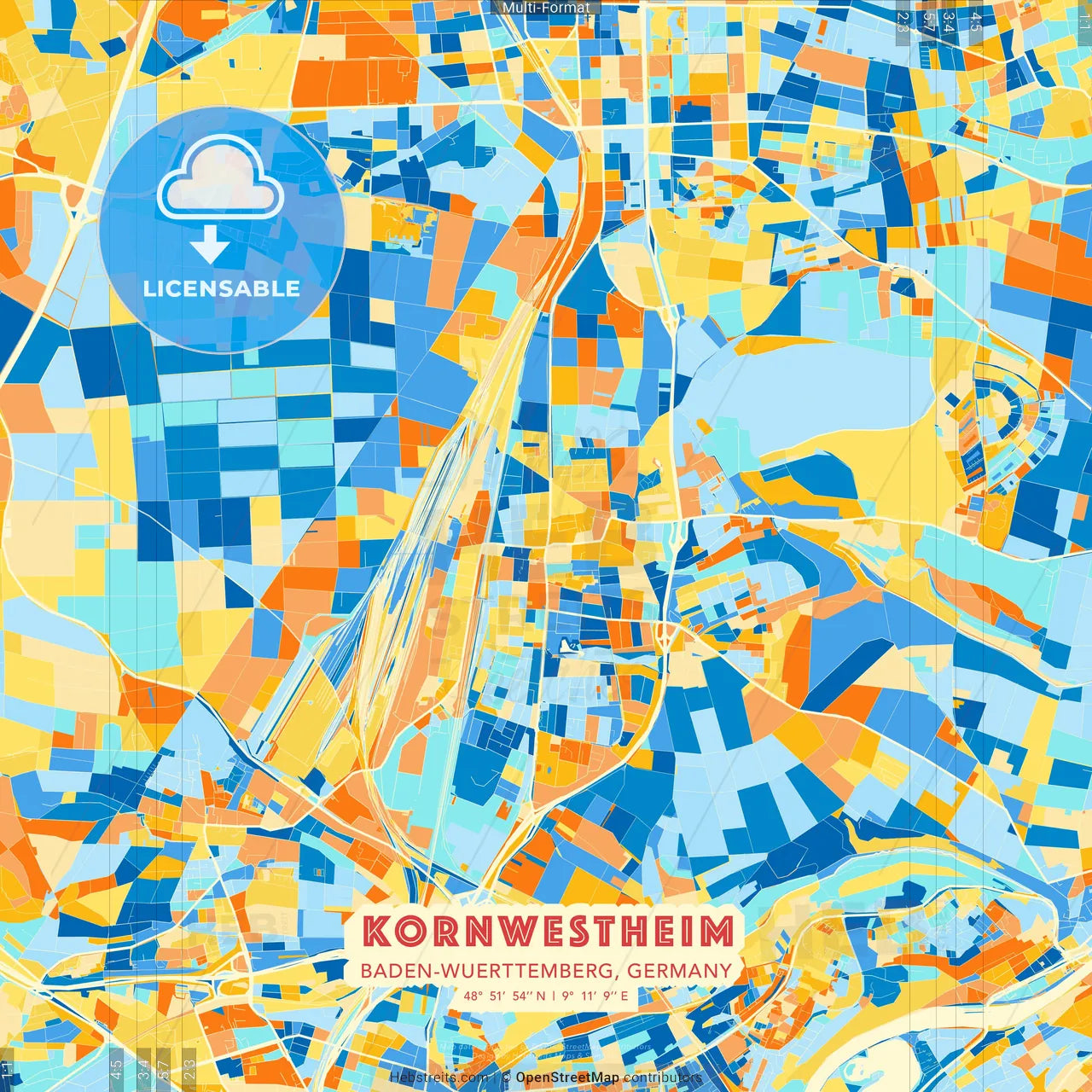 Kornwestheim, Baden-Wuerttemberg, Germany blue and orange vector art map template