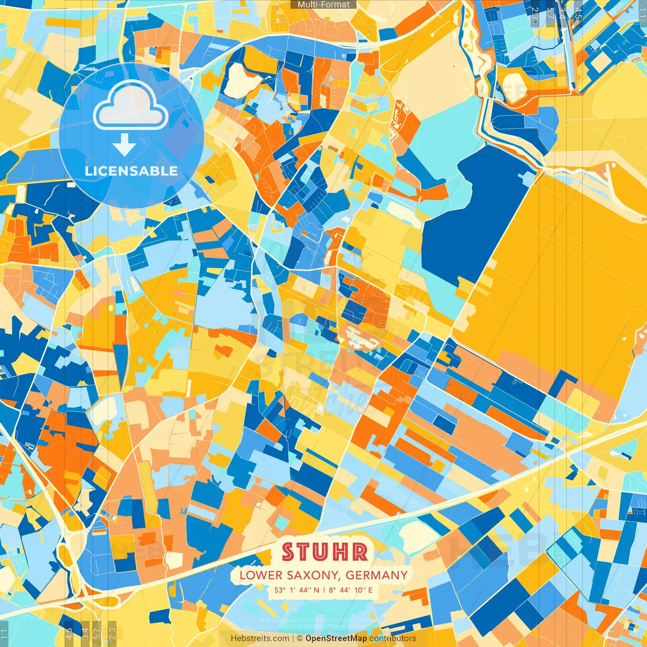 Stuhr, Lower Saxony, Germany blue and orange vector art map template
