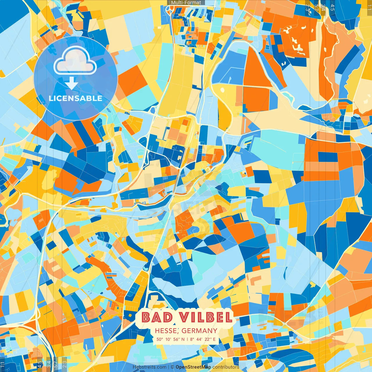Bad Vilbel, Hesse, Germany blue and orange vector art map template