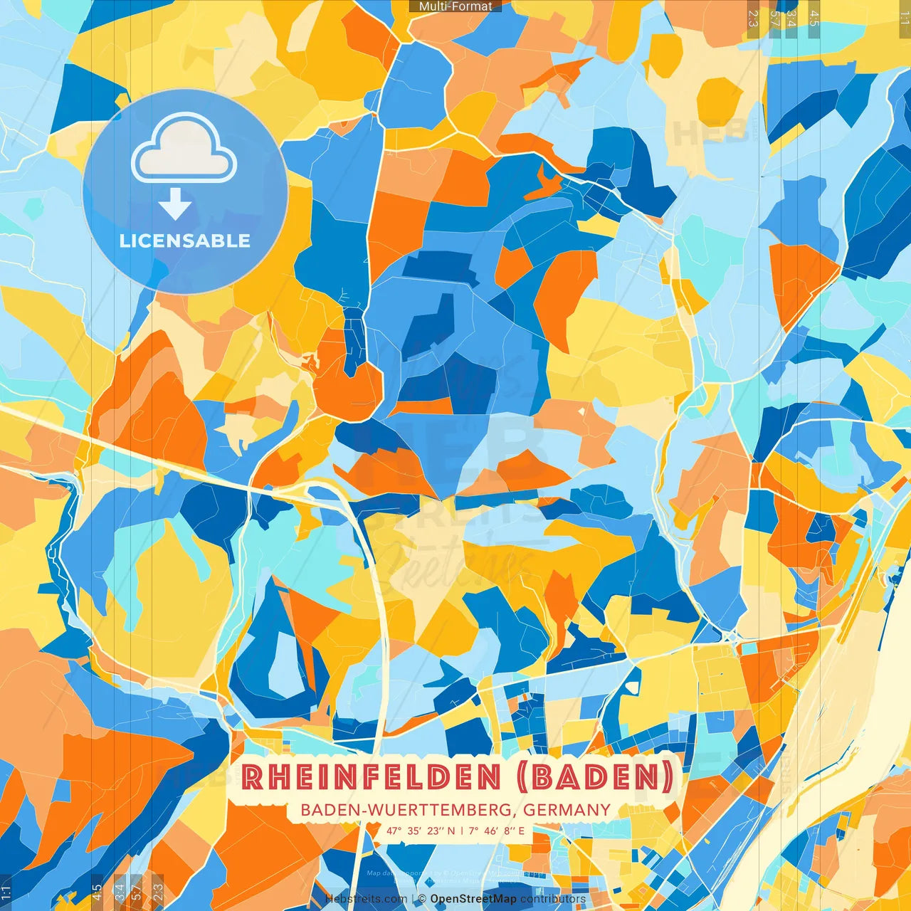 Rheinfelden (Baden), Baden-Wuerttemberg, Germany blue and orange vector art map template