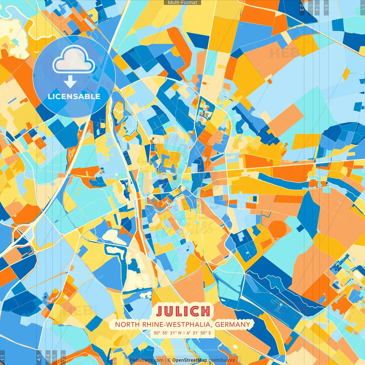 Julich, North Rhine-Westphalia, Germany blue and orange vector art map template