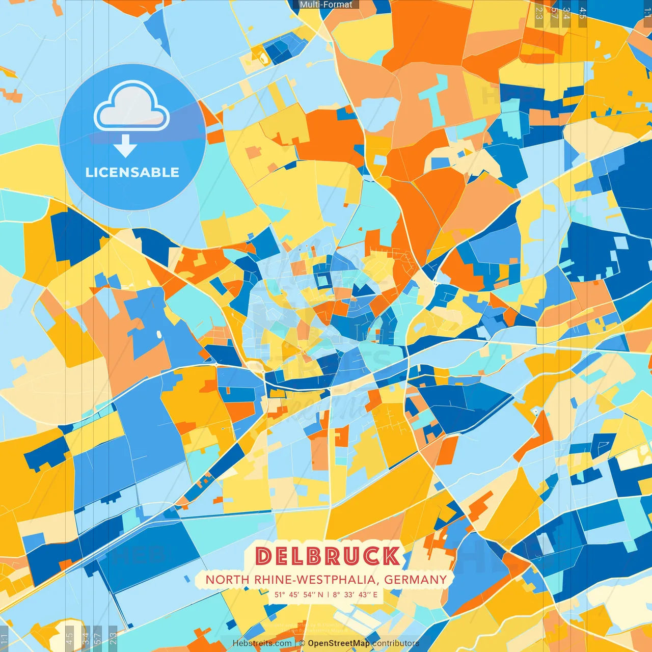 Delbruck, North Rhine-Westphalia, Germany blue and orange vector art map template