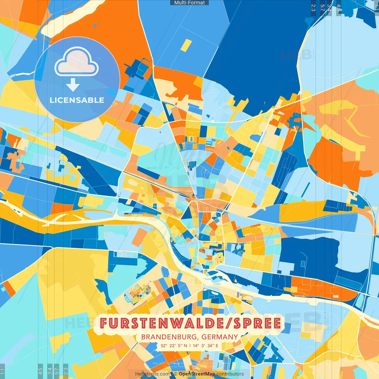 Furstenwalde/Spree, Brandenburg, Germany blue and orange vector art map template