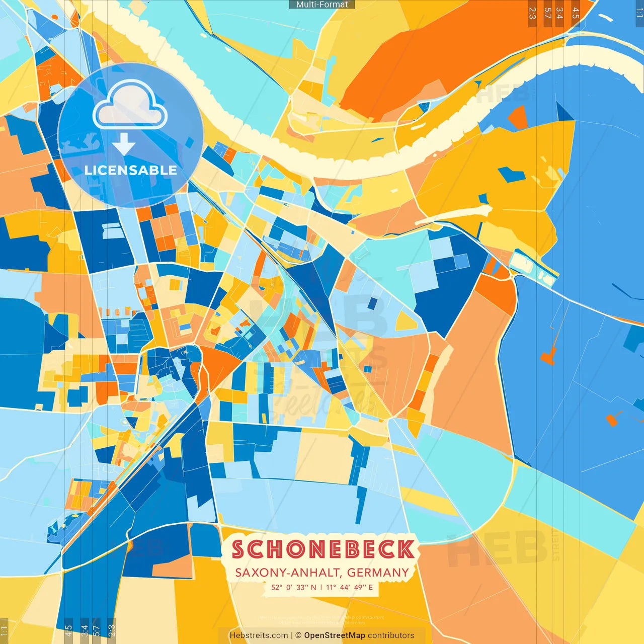 Schonebeck, Saxony-Anhalt, Germany blue and orange vector art map template