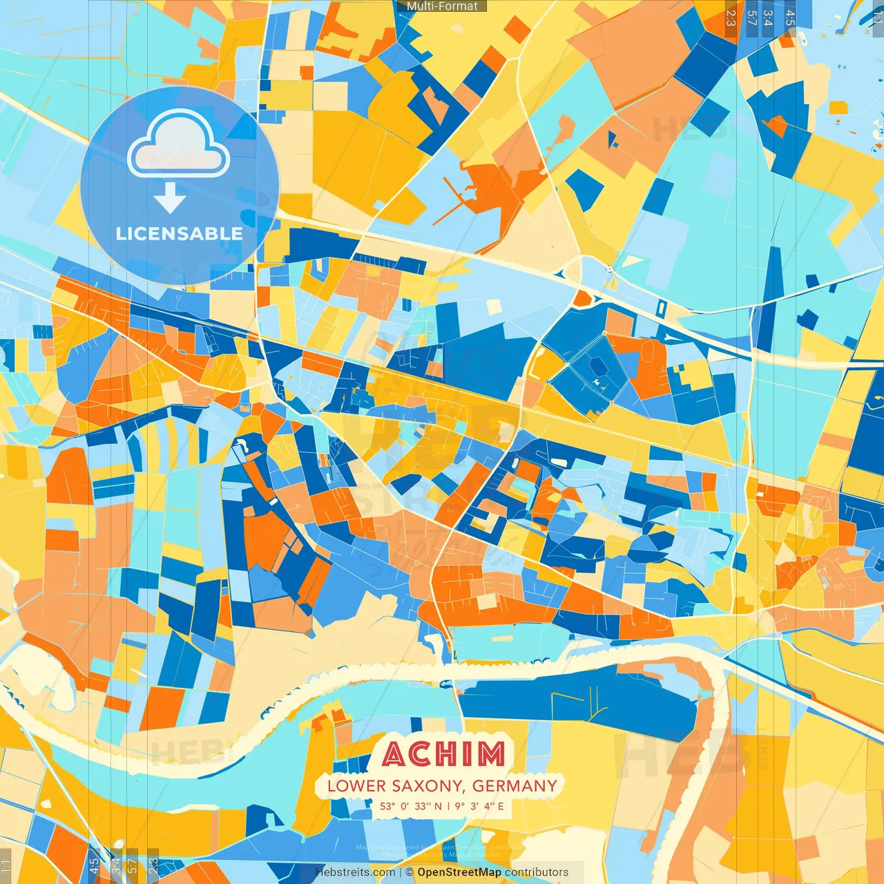 Achim, Lower Saxony, Germany blue and orange vector art map template