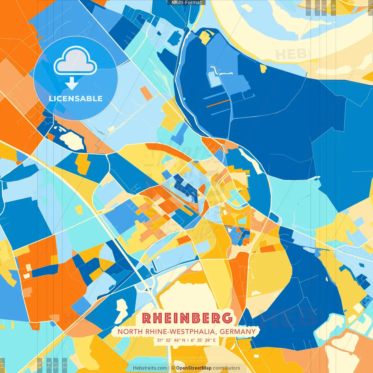Rheinberg, North Rhine-Westphalia, Germany blue and orange vector art map template