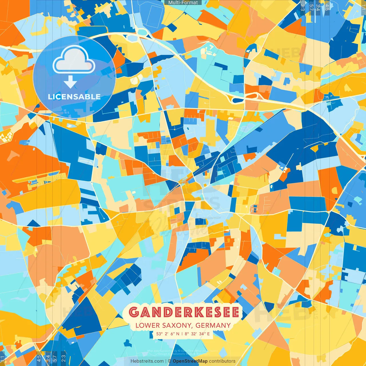 Ganderkesee, Lower Saxony, Germany blue and orange vector art map template