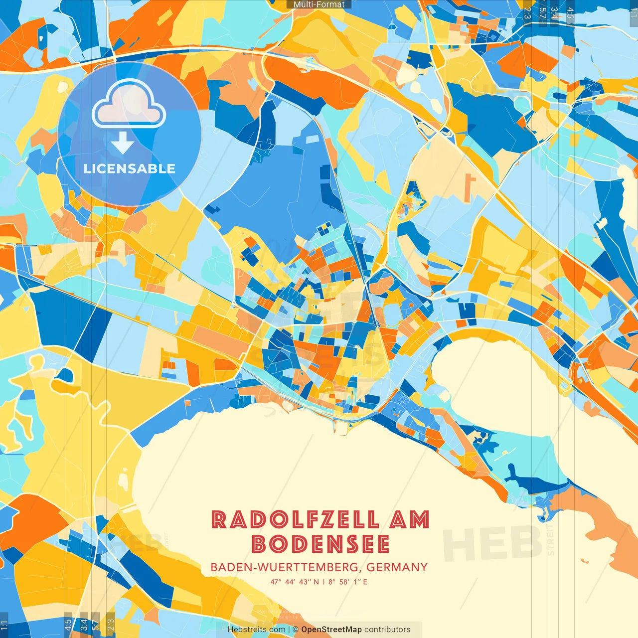 Radolfzell am Bodensee, Baden-Wuerttemberg, Germany blue and orange vector art map template