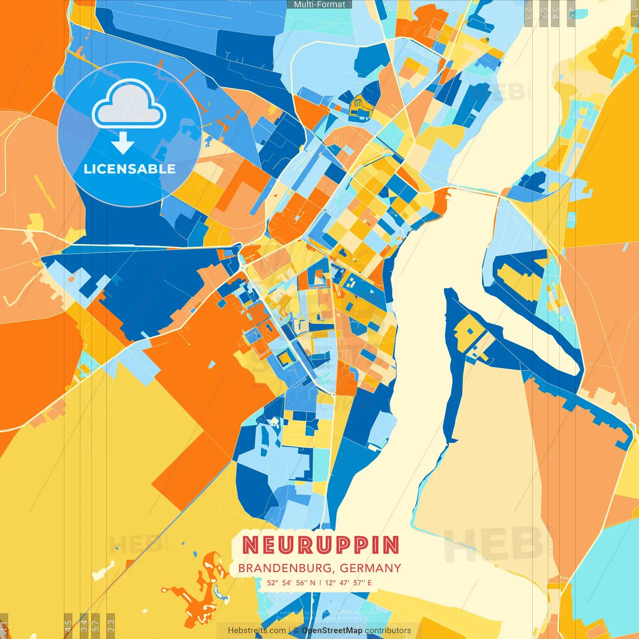 Neuruppin, Brandenburg, Germany blue and orange vector art map template