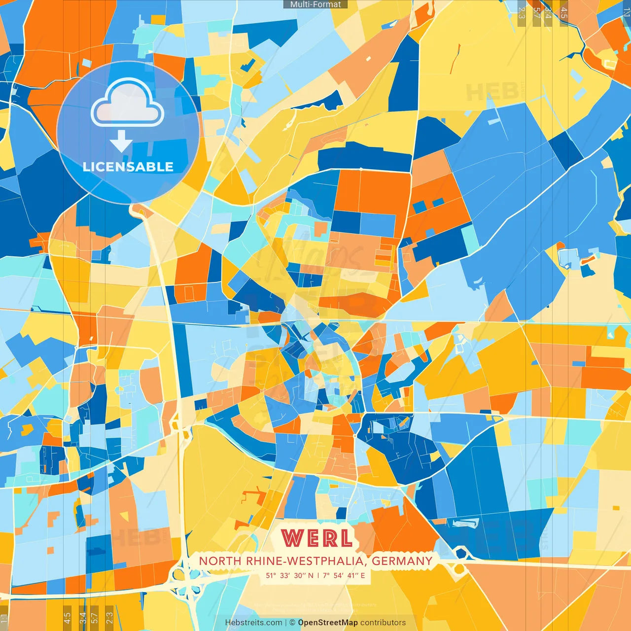 Werl, North Rhine-Westphalia, Germany blue and orange vector art map template