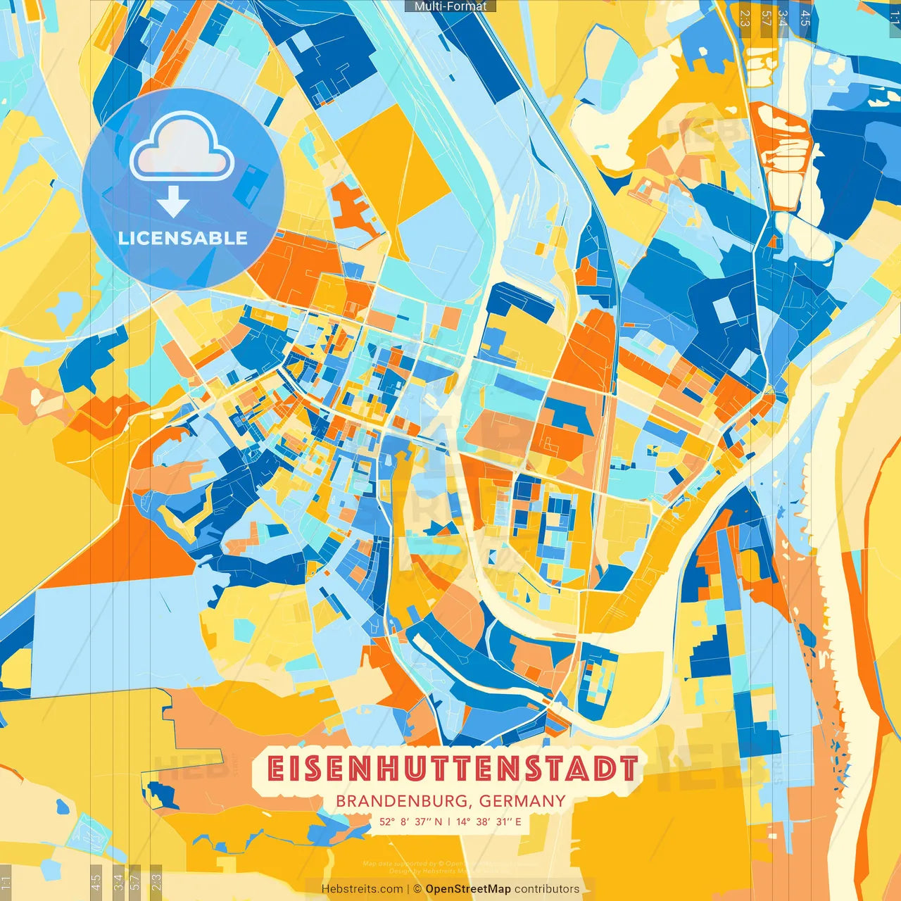 Eisenhuttenstadt, Brandenburg, Germany blue and orange vector art map template