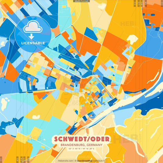 Schwedt/Oder, Brandenburg, Germany blue and orange vector art map template