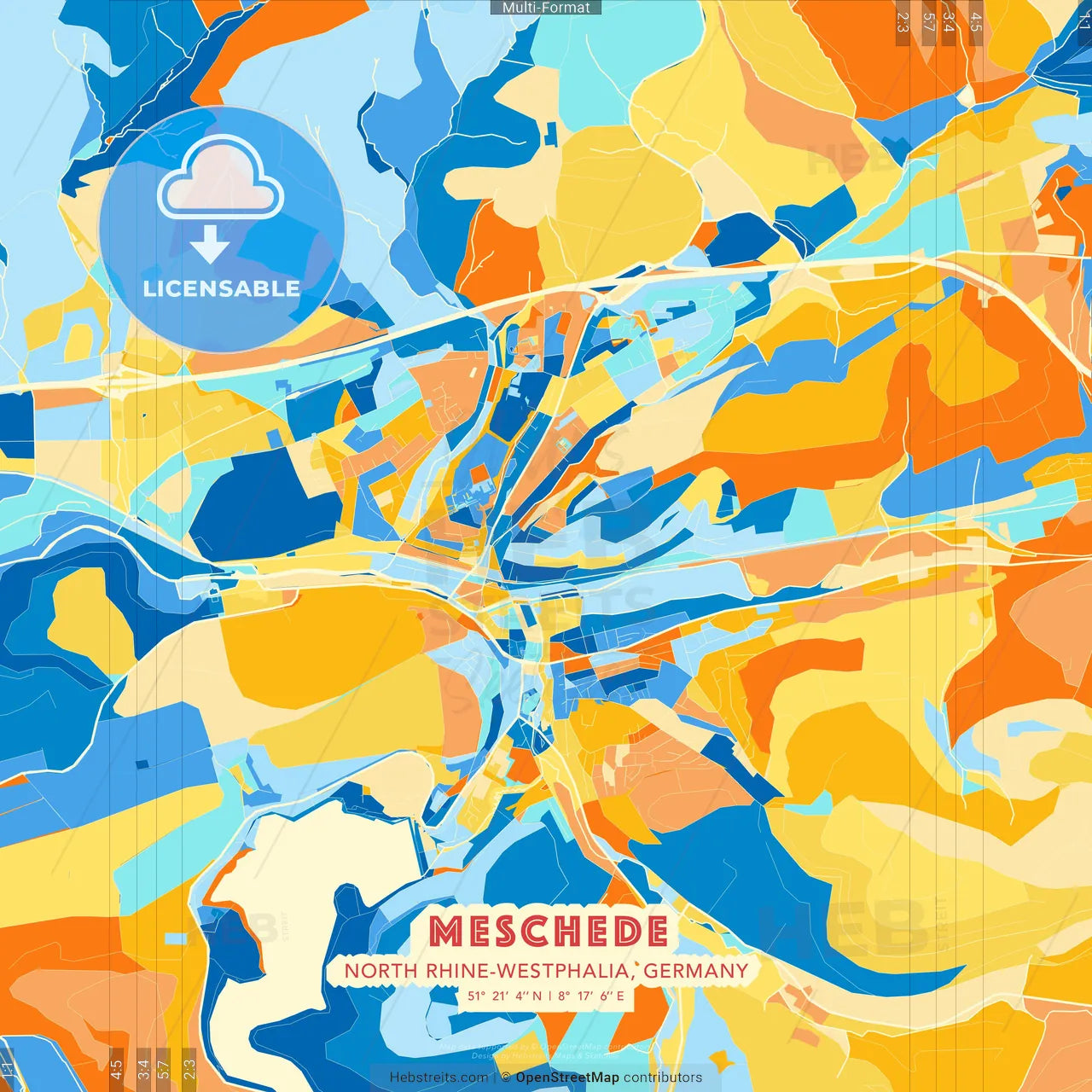 Meschede, North Rhine-Westphalia, Germany blue and orange vector art map template