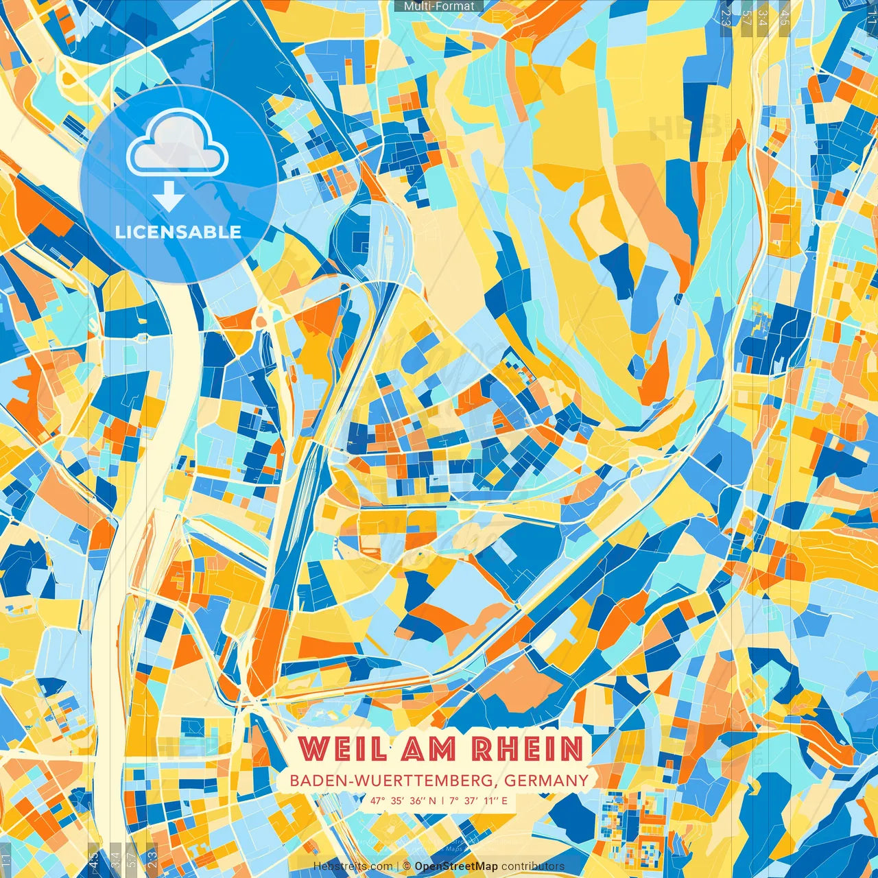 Weil am Rhein, Baden-Wuerttemberg, Germany blue and orange vector art map template