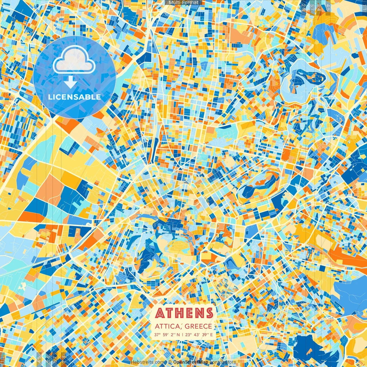 Athens, Attica, Greece blue and orange vector art map template