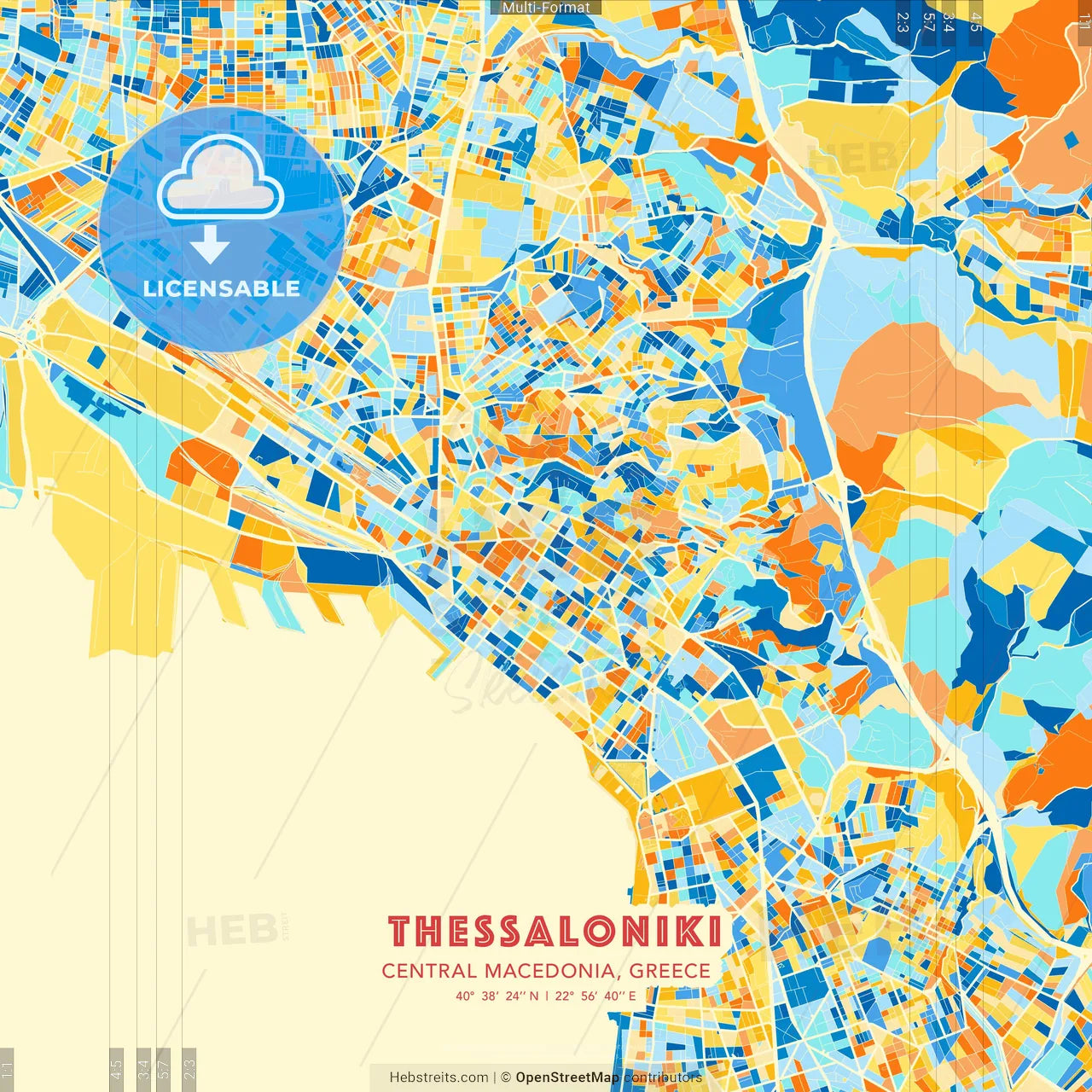 Thessaloniki, Central Macedonia, Greece blue and orange vector art map template