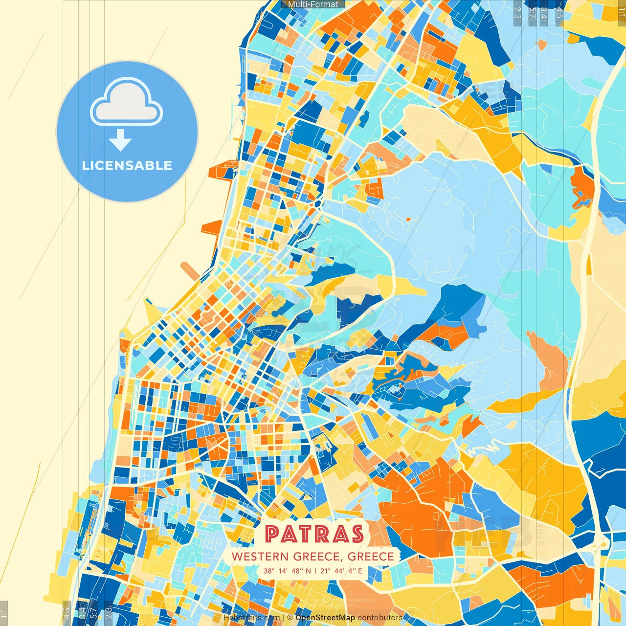 Patras, Western Greece, Greece blue and orange vector art map template