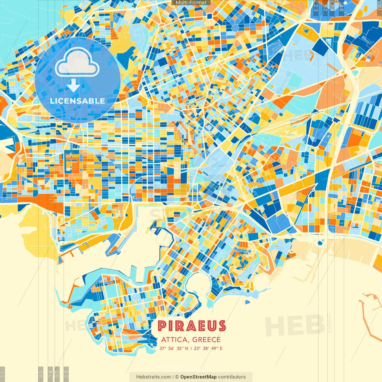 Piraeus, Attica, Greece blue and orange vector art map template