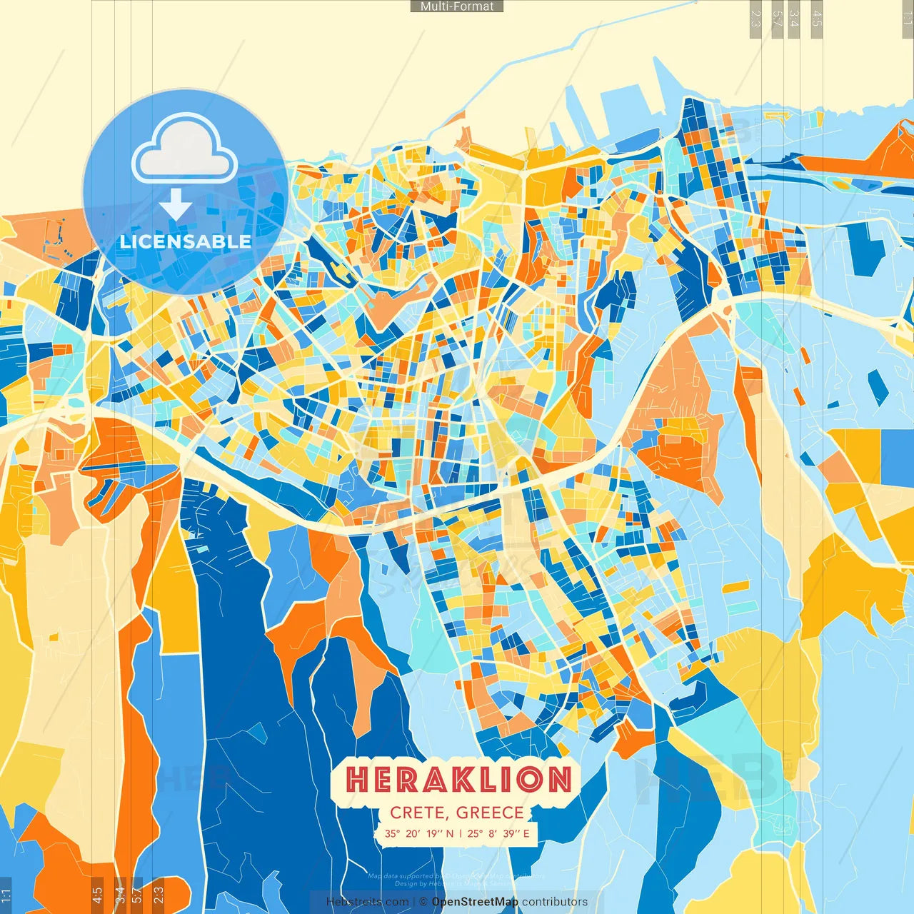 Heraklion, Crete, Greece blue and orange vector art map template