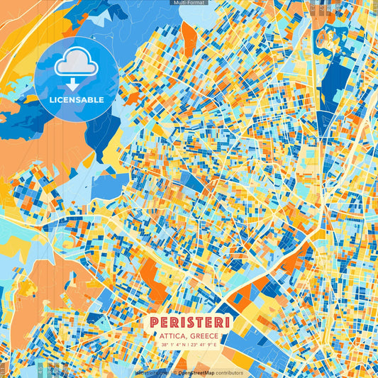Peristeri, Attica, Greece blue and orange vector art map template