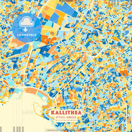 Kallithea, Attica, Greece blue and orange vector art map template