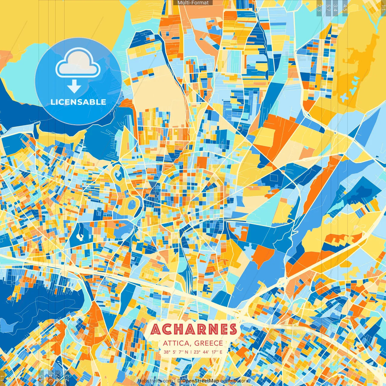 Acharnes, Attica, Greece blue and orange vector art map template