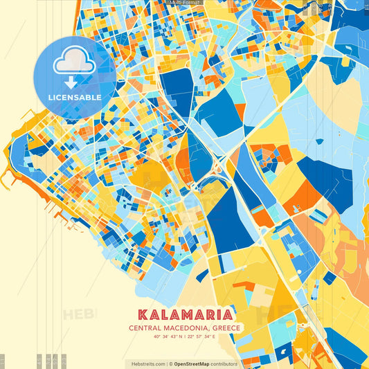 Kalamaria, Central Macedonia, Greece blue and orange vector art map template