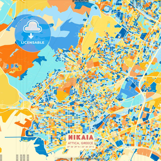 Nikaia, Attica, Greece blue and orange vector art map template