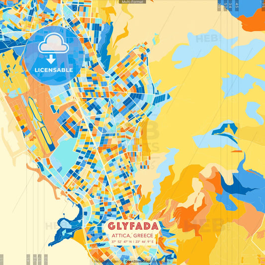Glyfada, Attica, Greece blue and orange vector art map template