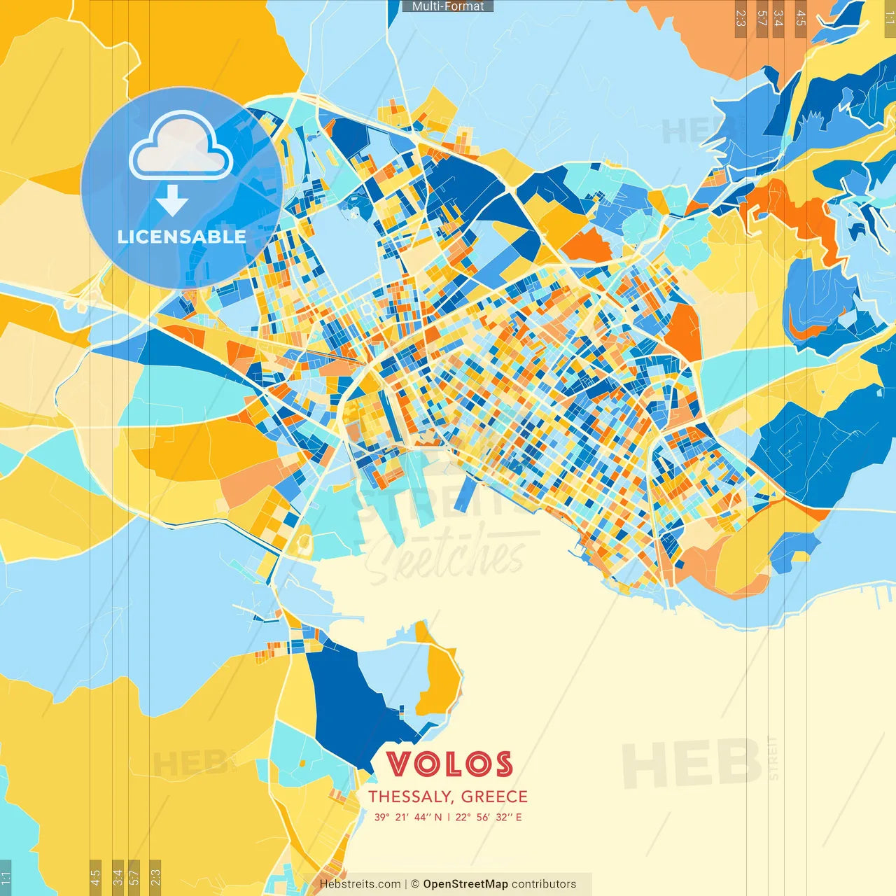 Volos, Thessaly, Greece blue and orange vector art map template