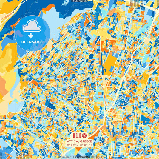 Ilio, Attica, Greece blue and orange vector art map template