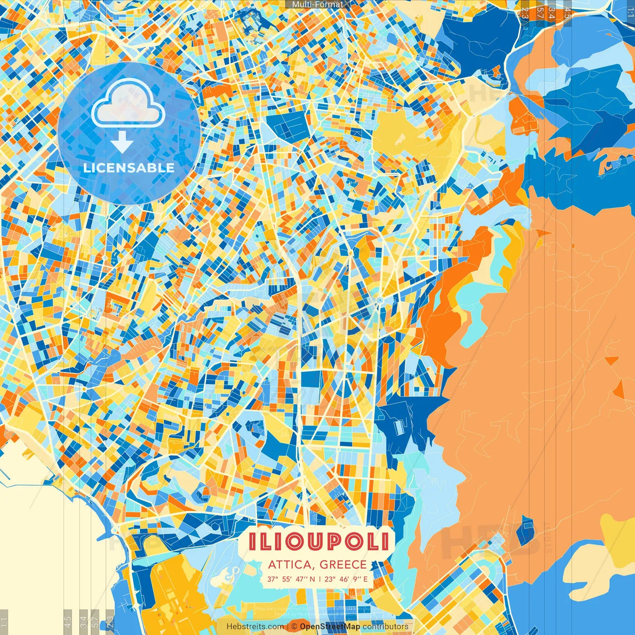 Ilioupoli, Attica, Greece blue and orange vector art map template